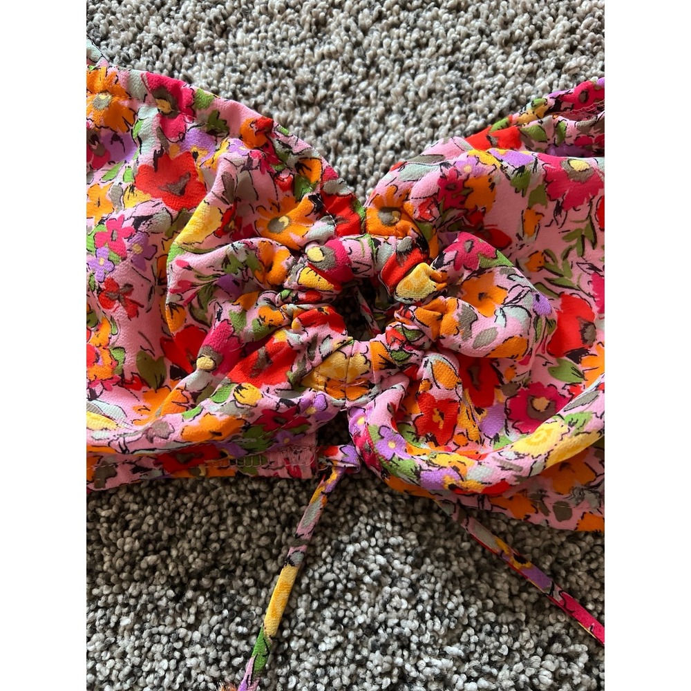 Wild Fable Puff Sleeve Keyhole Lace up Back pink Floral Bra Crop Top Size Medium - Picture 4 of 10